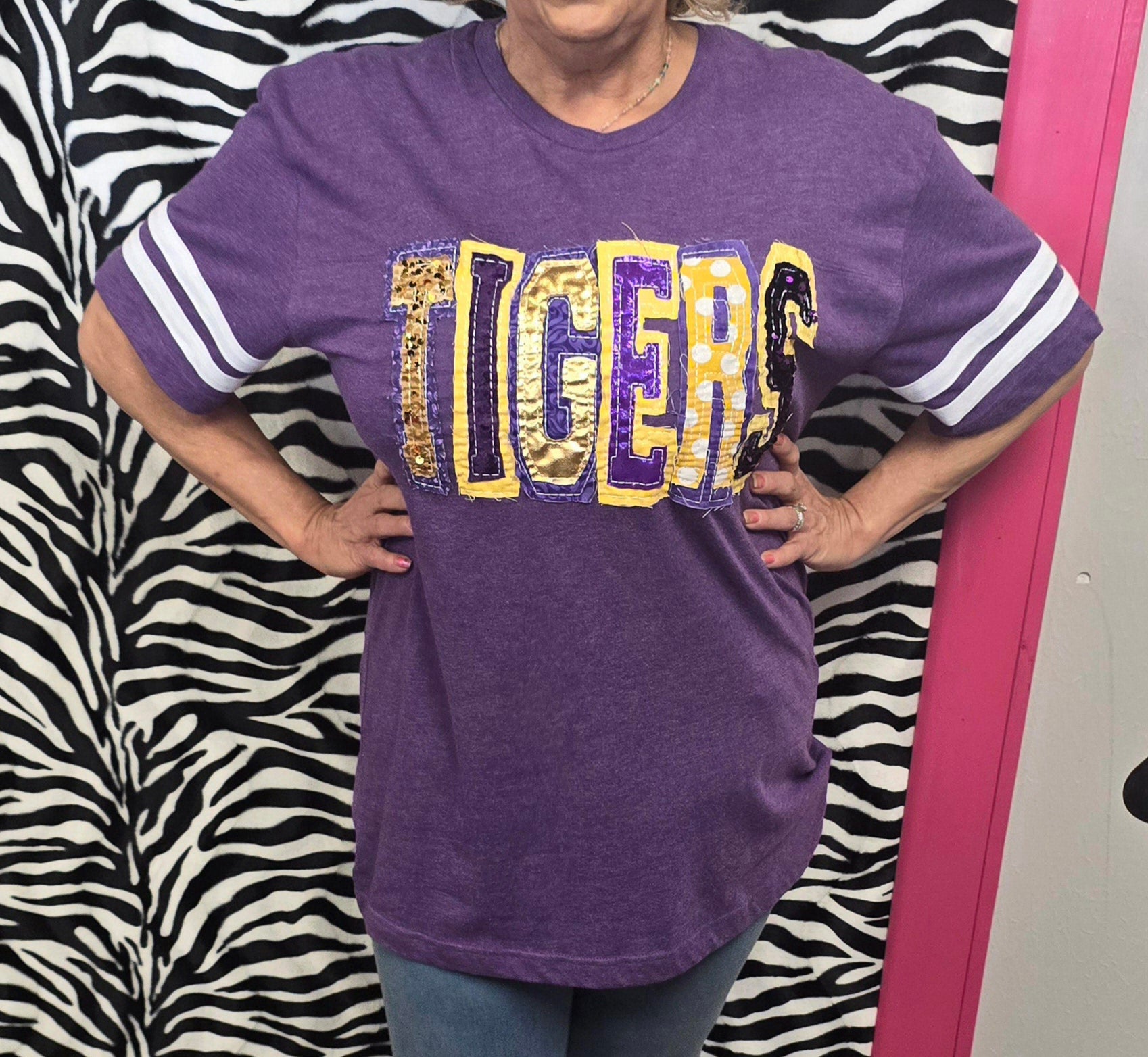 "TIGERS" UNIQUE SEQUIN DOUBLE STACKED LETTERED HEATHERED PURPLE FOOTBALL T-SHIRT | Small - 3X | Charlotte's Classy Closet