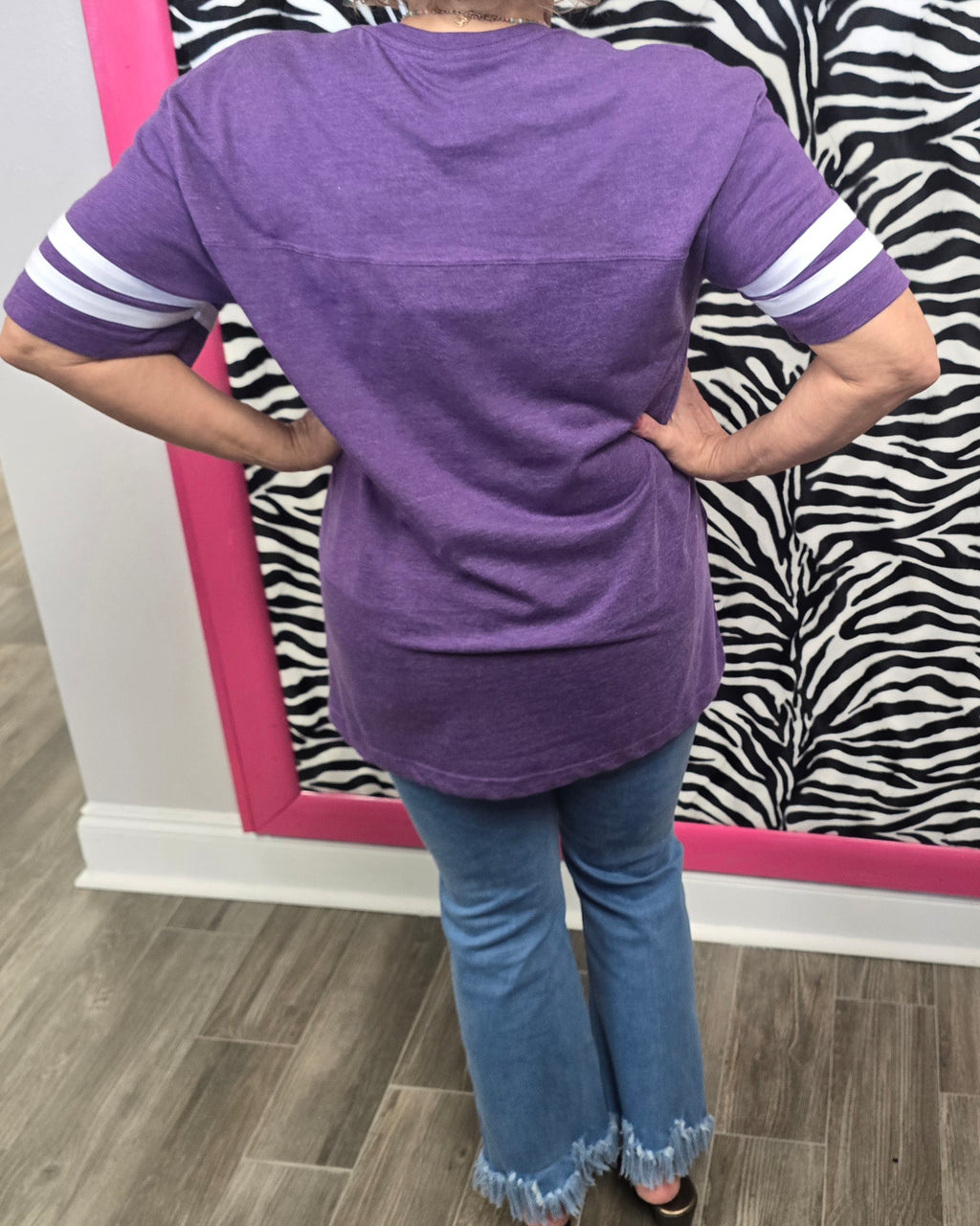 "TIGERS" UNIQUE SEQUIN DOUBLE STACKED LETTERED HEATHERED PURPLE FOOTBALL T-SHIRT | Small - 3X | Charlotte's Classy Closet