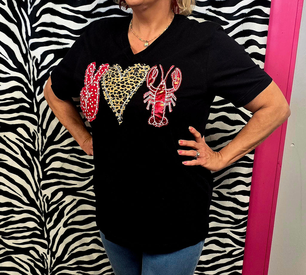 "Peace /Love/Crawfish"  Symbols in Satin and Various Fabrics on Black Short Sleeve V-Neck T-Shirt | Sizes Small-3X | Charlotte's Classy Closet