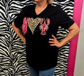 "Peace /Love/Crawfish"  Symbols in Satin and Various Fabrics on Black Short Sleeve V-Neck T-Shirt | Sizes Small-3X | Charlotte's Classy Closet