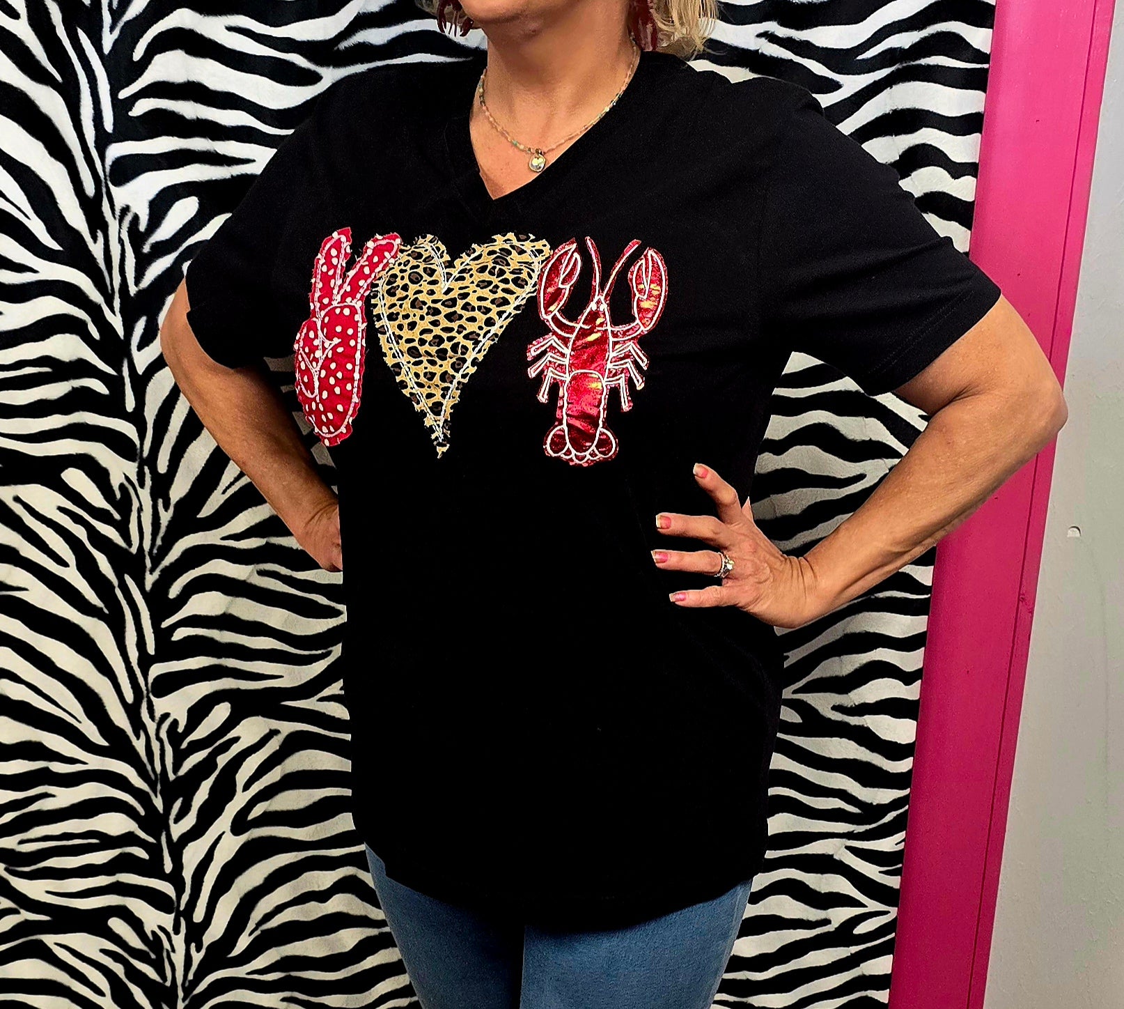 "Peace /Love/Crawfish"  Symbols in Satin and Various Fabrics on Black Short Sleeve V-Neck T-Shirt | Sizes Small-3X | Charlotte's Classy Closet