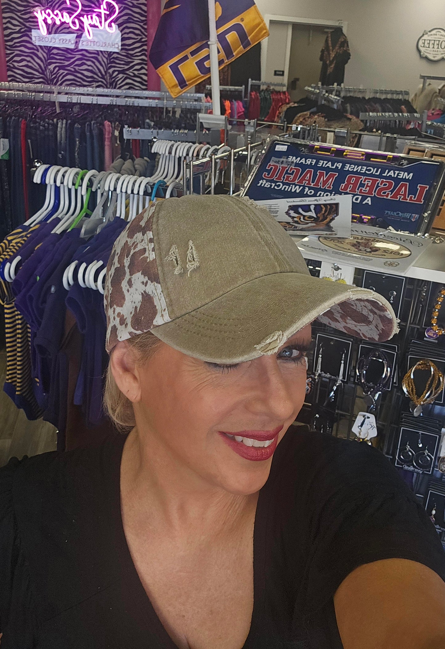 Baseball Cap NEW ARRIVAL - Distressed Light Brown and Brown Cow High Ponytail Hat