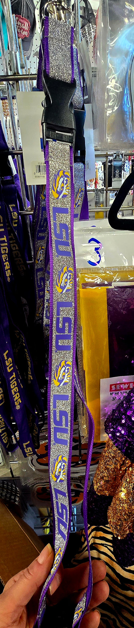 LSU TIGERS LANYARD WITH PURPLE & SILVER GLITTER STRAP