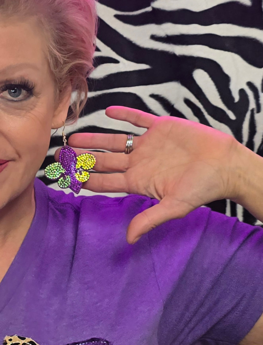 Mardi Gras Rhinestone Embellished Fleur de Lis Earrings - Purple, Gold & Green Multi-Color | Charlotte's Classy Closet