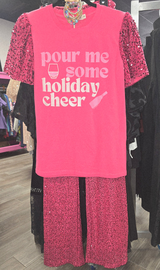Christmas Holiday "Pour Me Some Holiday Cheer" Graphic Fuchsia Cotton Top with Matching Velvet/Sequins Puff Sleeve - Sizes Ex Small - 2X | New Arrival |  Charlotte's Classy Closet
