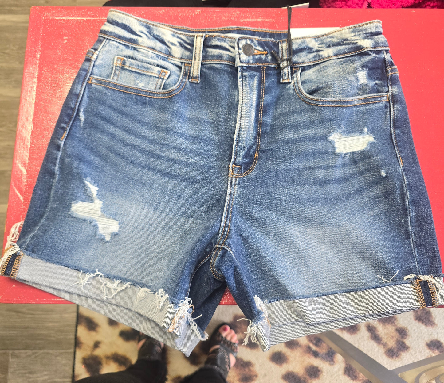 HIGH RISE CUFFED DISTRESSED DENIM SHORTS