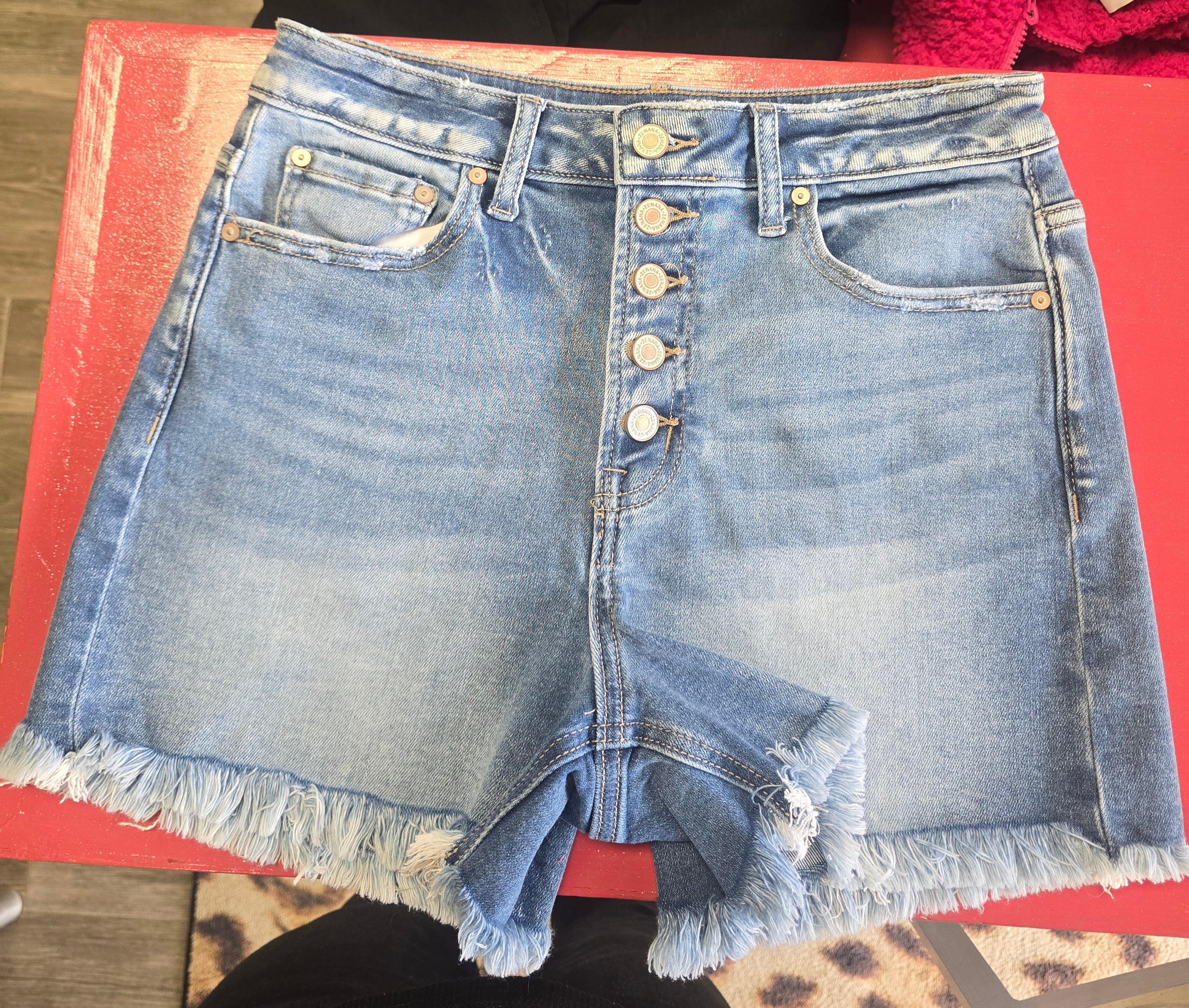 HIGH RISE RAW HEM BUTTON FLY DISTRESSED DENIM SHORTS | Med & Large Only