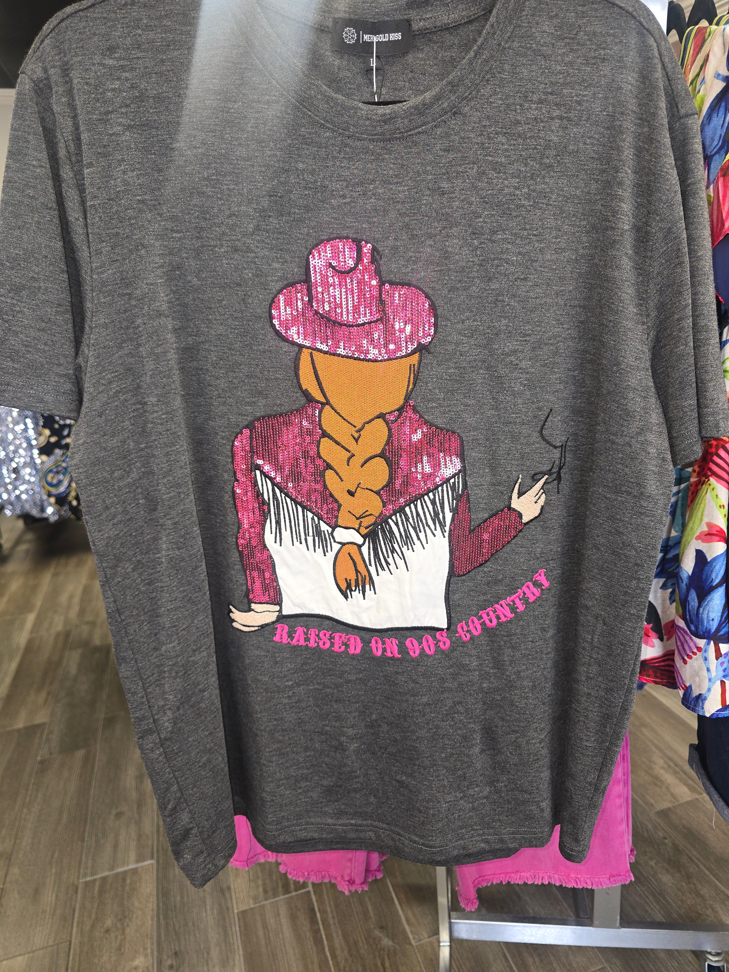 "RAISED ON 90'S COUNTRY" EMBROIDERY & SEQUIN COWGIRL S/S T-SHIRT | Large Only