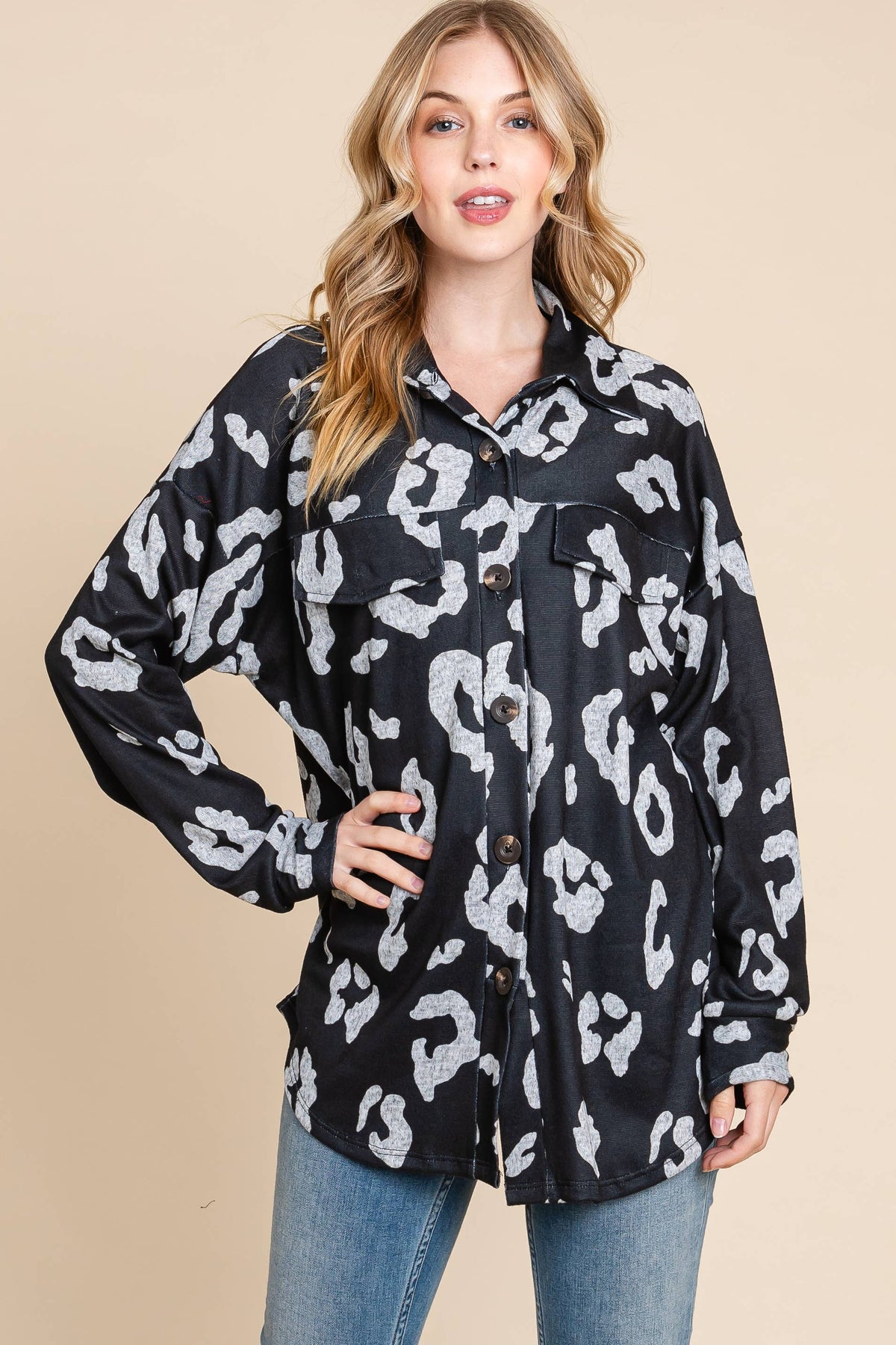LIGHTWEIGHT BLACK & GRAY BUTTON DOWN L/S SHACKET  | LARGE & XL ONLY | Charlotte's Classy Closet