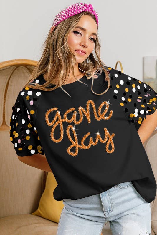 Game Day Metallic Letter Spangle Sparkles on Sleeve Top Purple & Gold or Black & Gold | Charlotte's Classy Closet