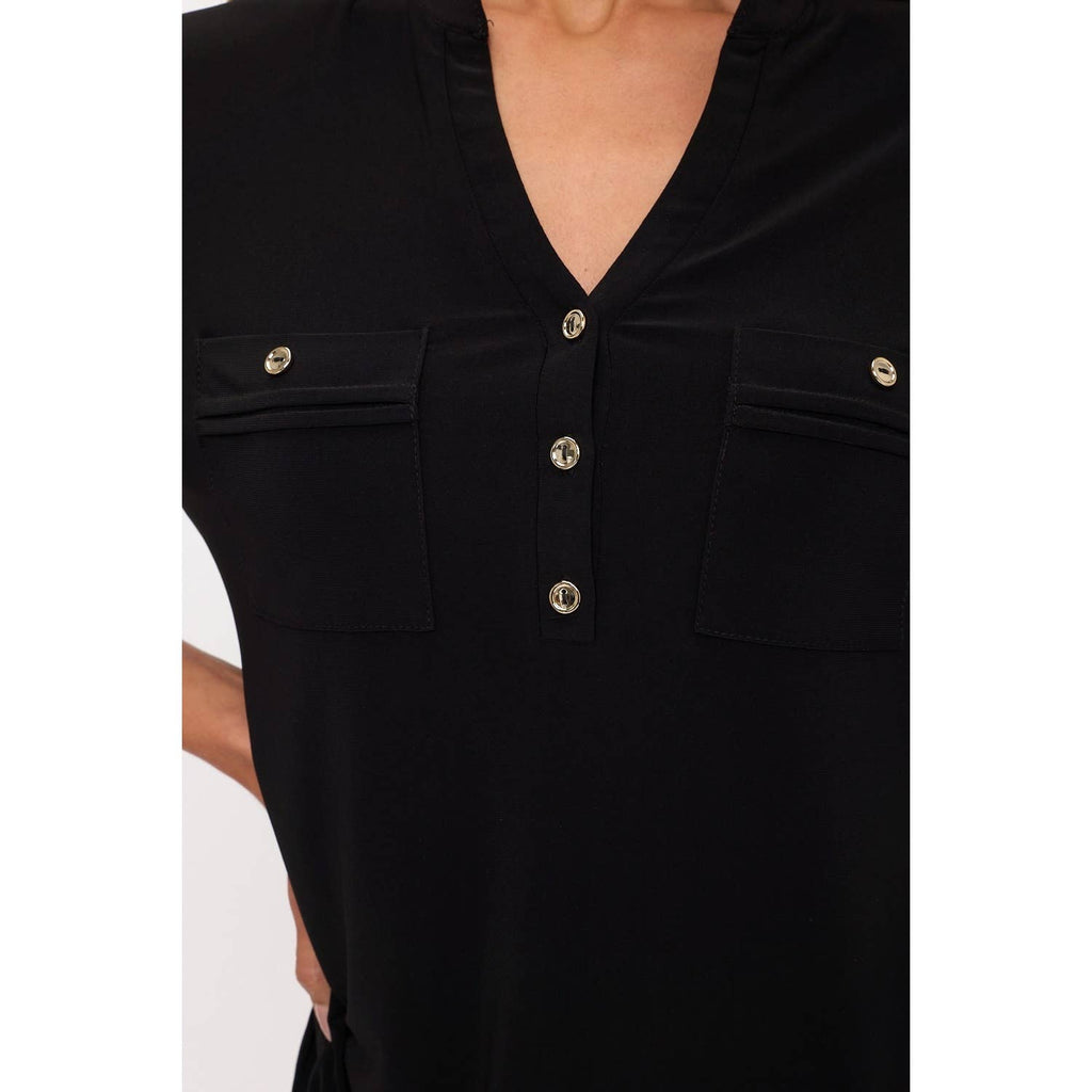 BLACK ROLL TAB HALF PLACKET MANDARIN SHIRT