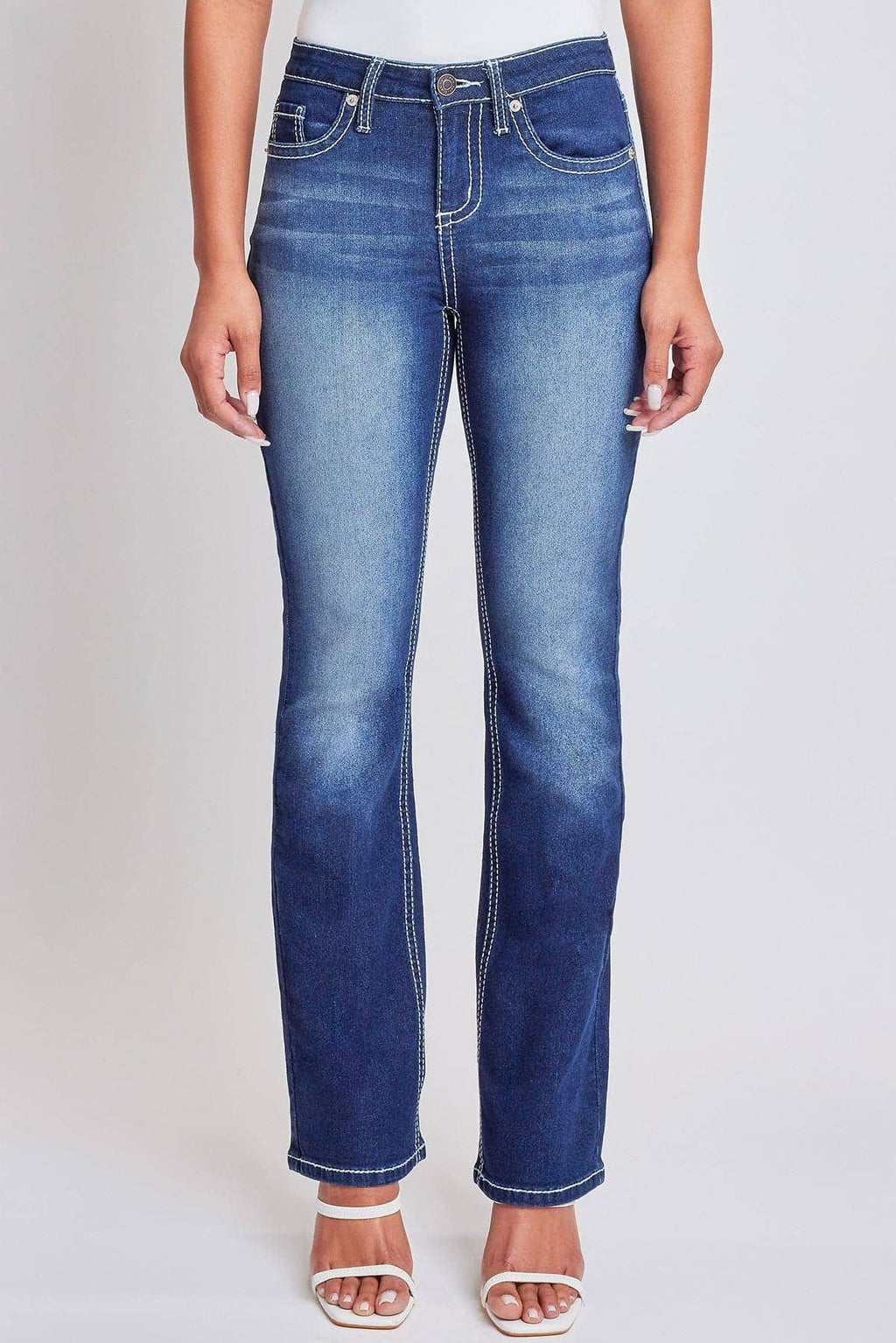 Mid Rise Faded Bootcut Dark Wash Denim Jeans - Embroidery Fleur De Lis Pockets