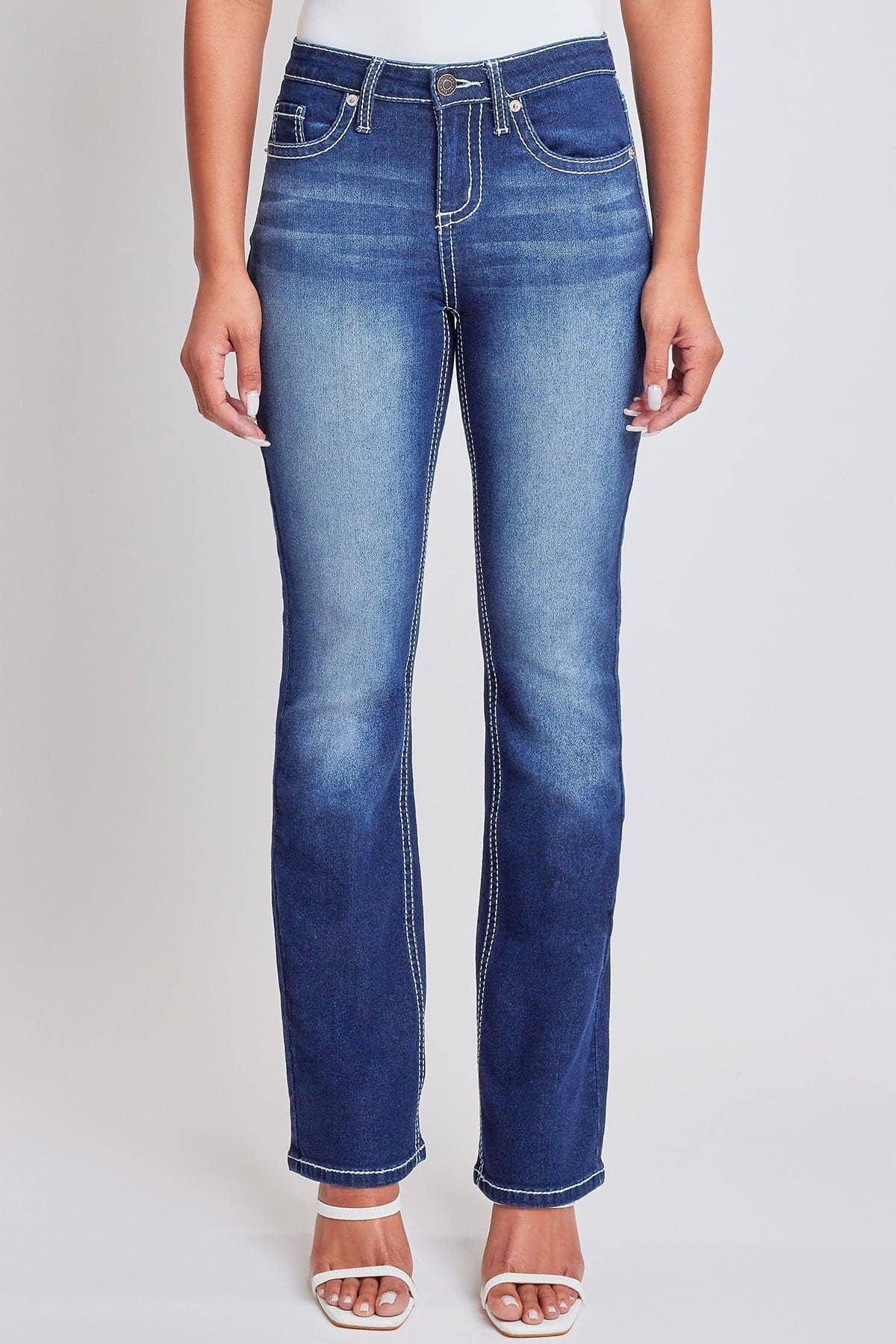 Mid Rise Faded Bootcut Dark Wash Denim Jeans - Embroidery Fleur De Lis Pockets