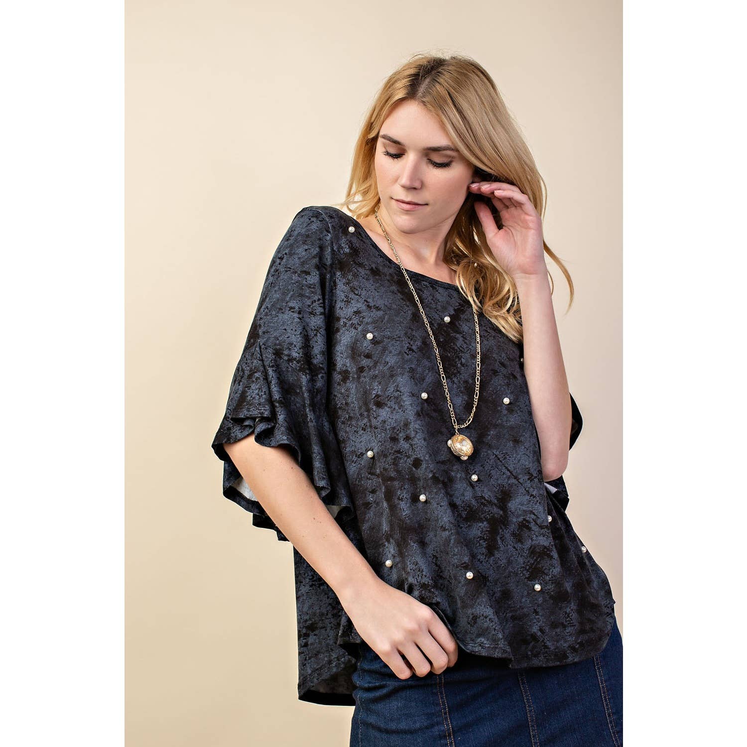 VOCAL BRAND WATERFALL RUFFLE 3/4 LENGTH SLEEVE JERSEY KNIT TOP ADORNED WITH PEARLS