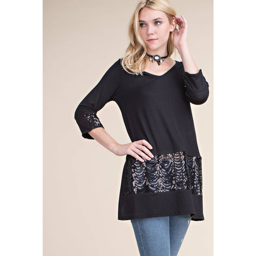 Vocal Black Sequin Hem & Cuff V-Neck Tunic | Wear as Top or Mini Dress | S–XL - photo 1