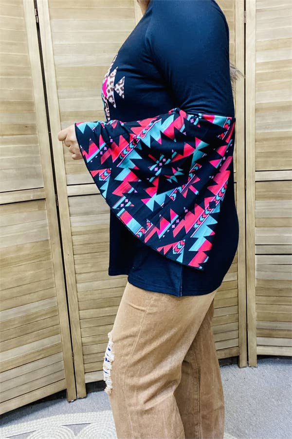 AZTEC PRINT NAVY LONG BELL SLEEVE TUNIC TOP