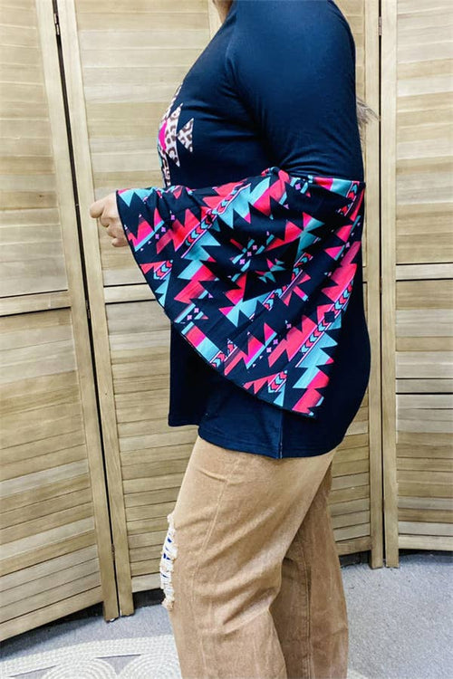 AZTEC PRINT NAVY LONG BELL SLEEVE TUNIC TOP