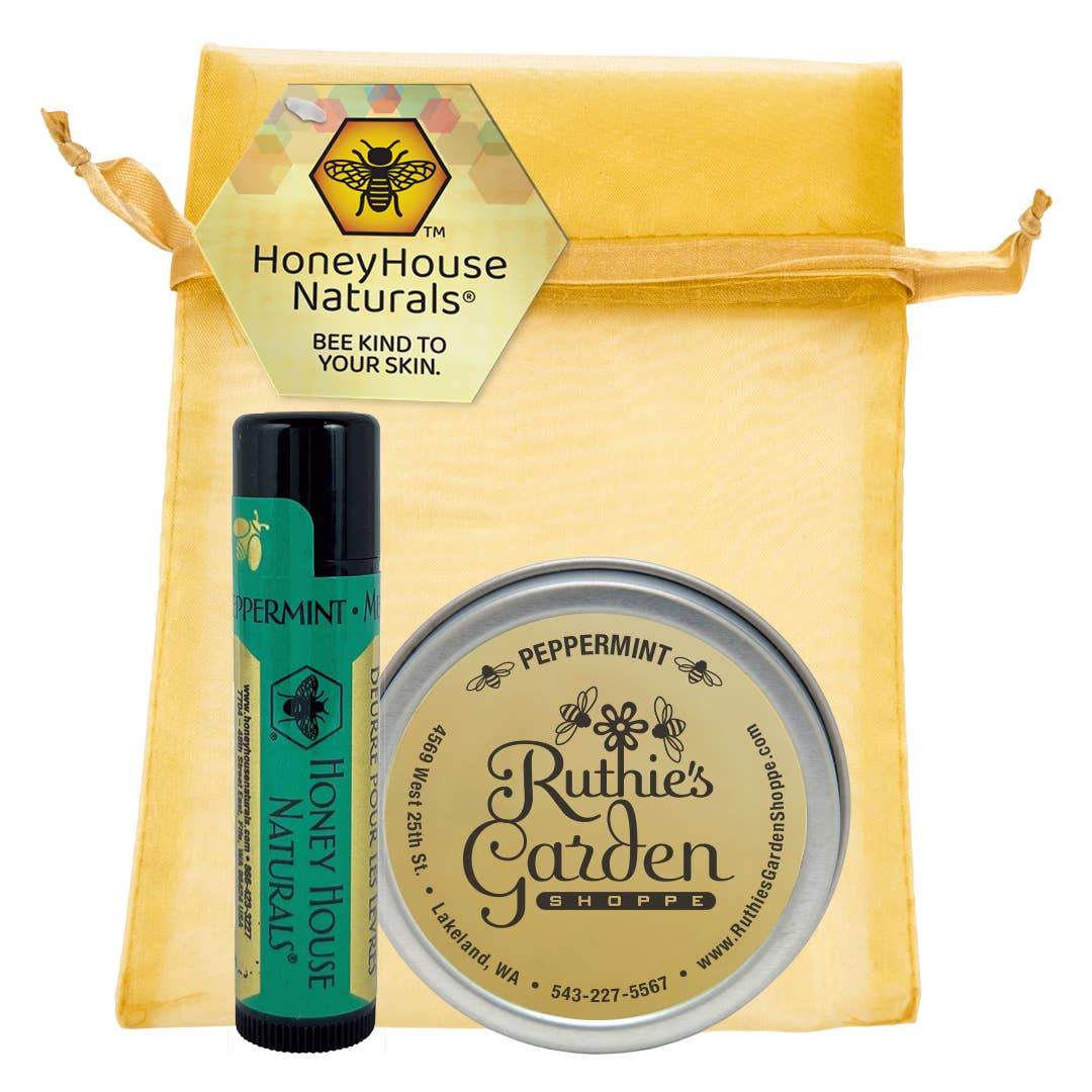 Honey House Naturals 2-Piece Gift Set - Honey Scented Lotion and Raspberry Pomegranate Lip Butter wrapped in a  Gorgeous Gold Organza Bag