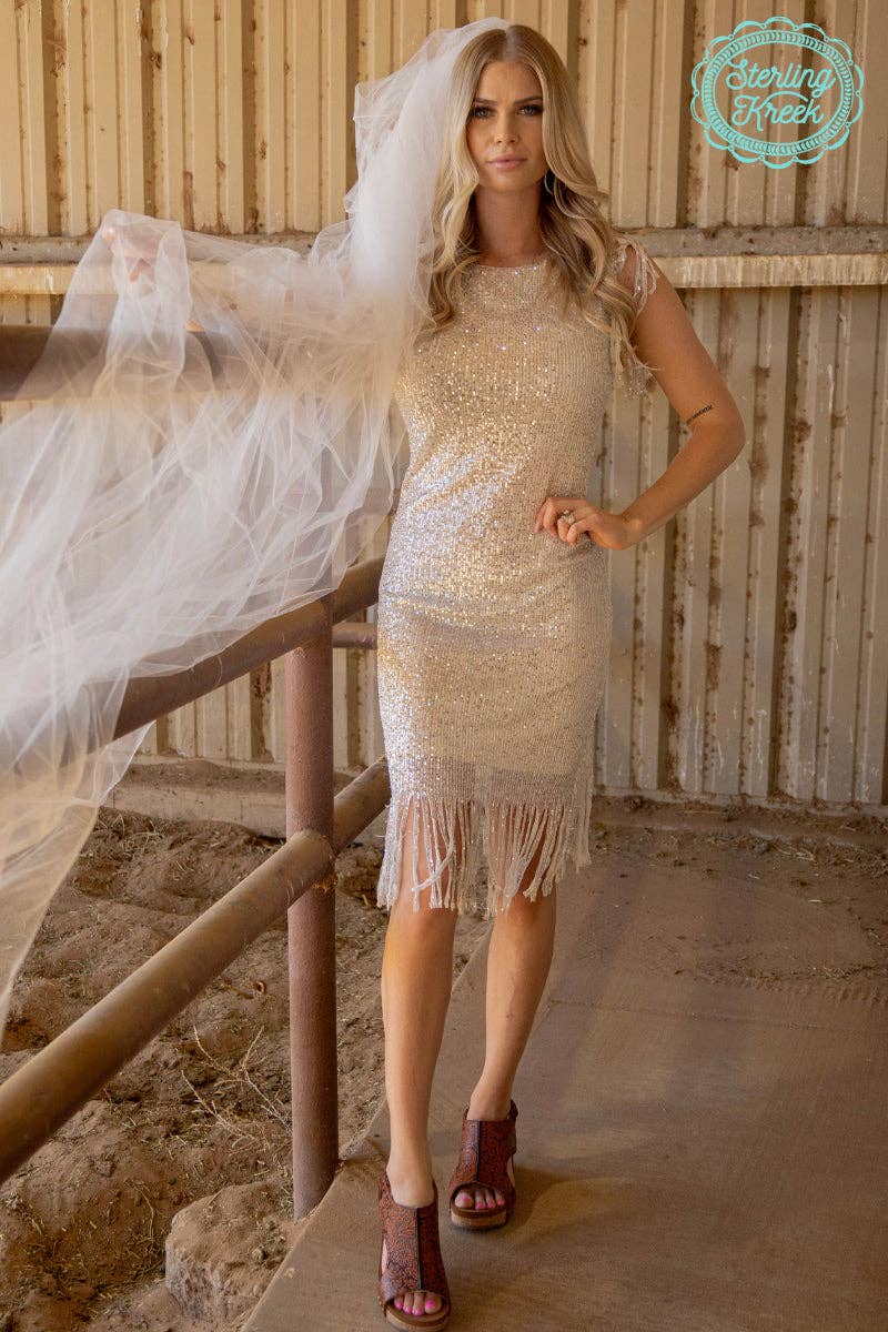 Sequin Ivory Fringe Short Sleeve and Hem Dress - photo 3