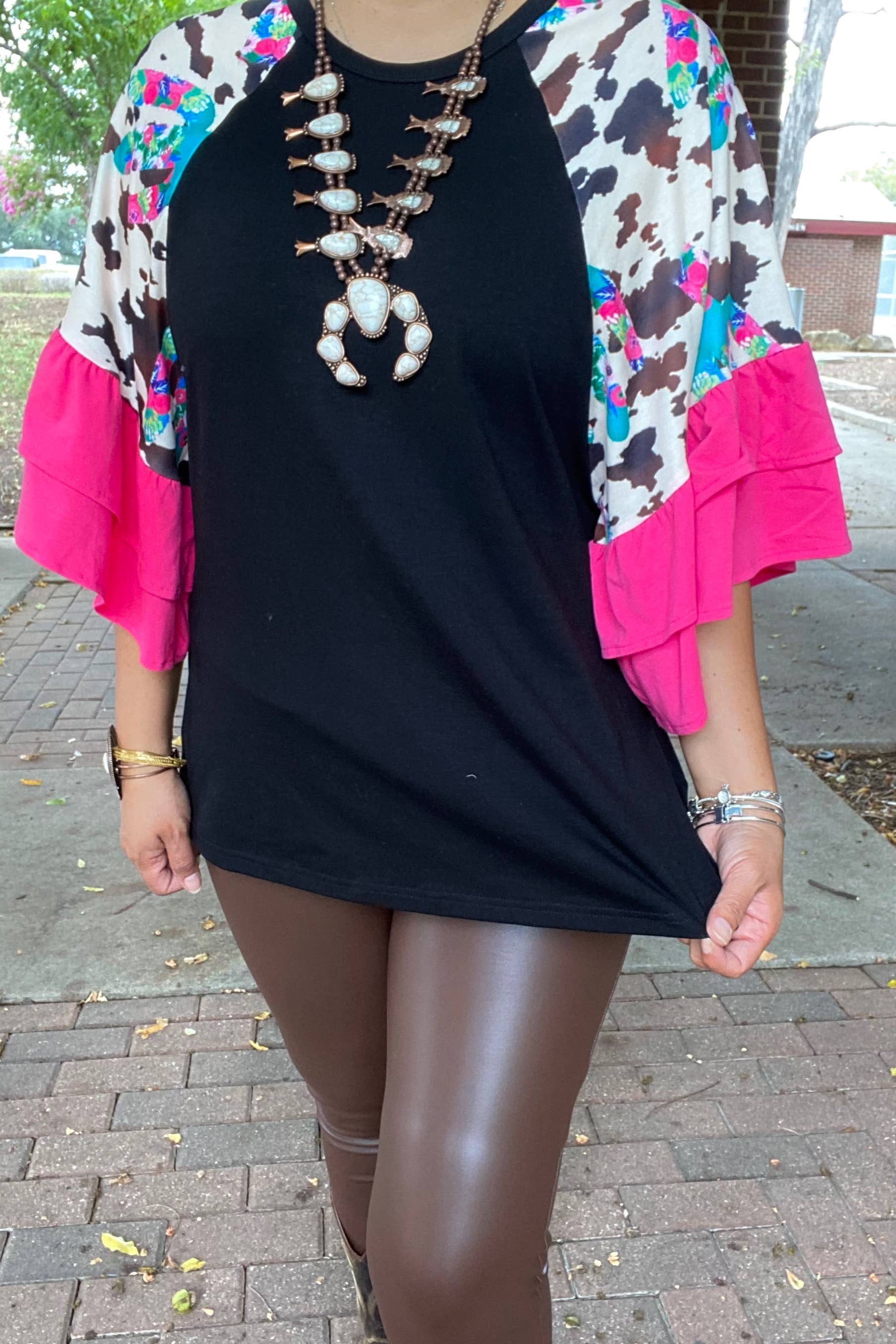 BLACK MULTICOLOR COW PRINT BELL RUFFLED  3/4 SLEEVES TUNIC TOP