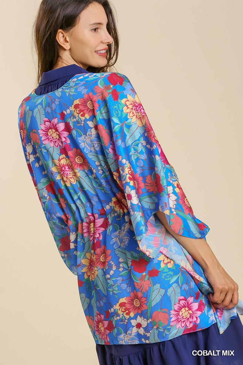 UMGEE BLUE FLORAL PRINT ELBOW LENGTH TIE FRONT KIMONO STYLE CARDIGAN