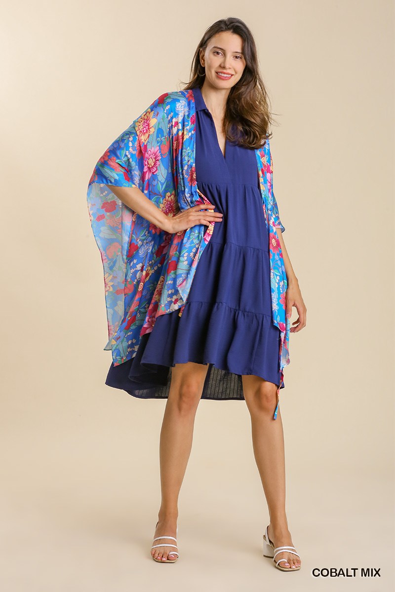 UMGEE BLUE FLORAL PRINT ELBOW LENGTH TIE FRONT KIMONO STYLE CARDIGAN