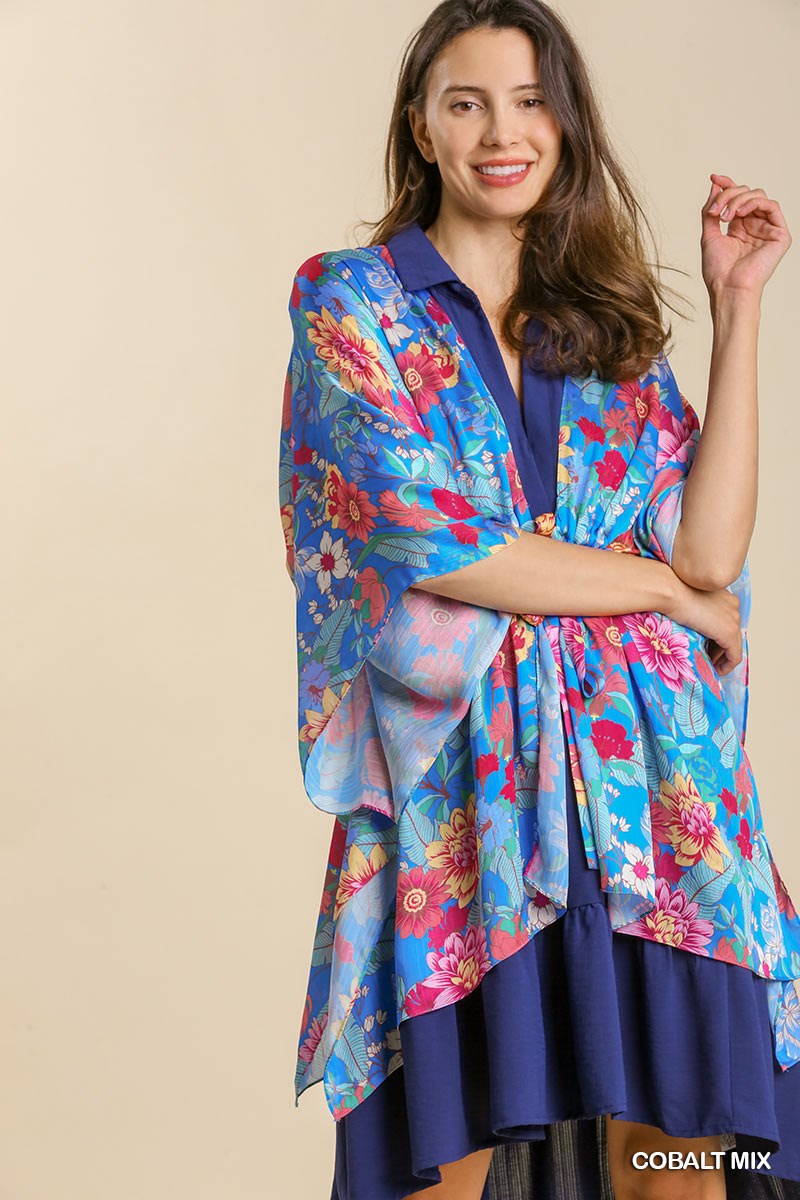 UMGEE BLUE FLORAL PRINT ELBOW LENGTH TIE FRONT KIMONO STYLE CARDIGAN