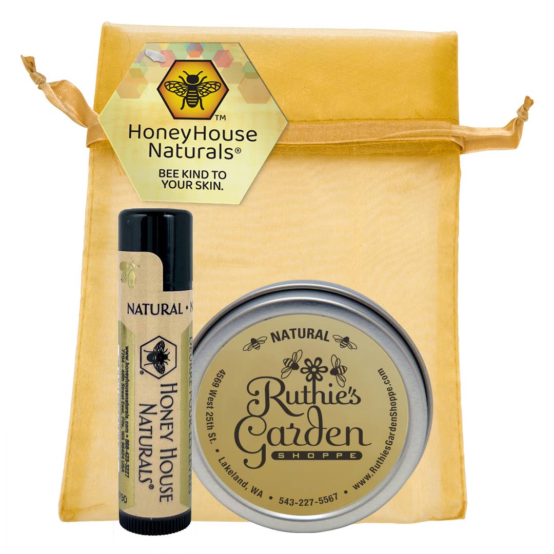 Honey House Naturals 2-Piece Gift Set - Honey Scented Lotion and Raspberry Pomegranate Lip Butter wrapped in a  Gorgeous Gold Organza Bag