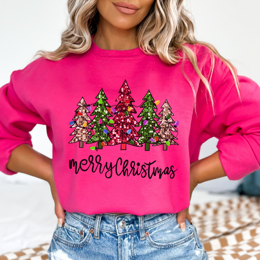 Holiday Fuchsia "Merry Christmas" Sweatshirt with Sparkling Trees - S - 2X | Charlotte's Classy Closet