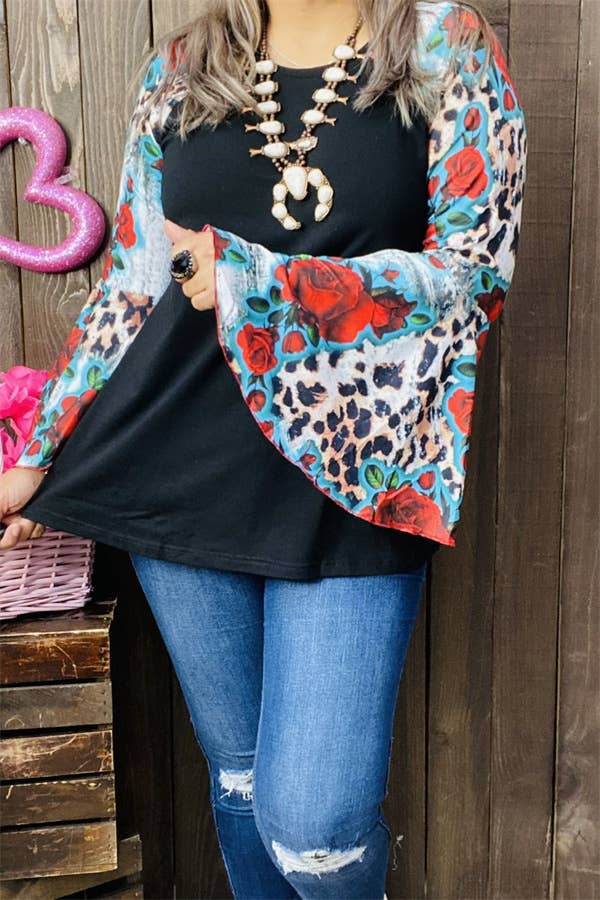 MULTI COLOR RAGLAN LONG BELL SLEEVE BLACK WOMEN'S TOP | Large Only