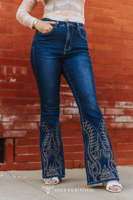 MID RISE TUNMY CONTROL EMBROIDERY STITCH BOOT CUT JEANS | SIZE 10 & 12 ONLY | Charlotte's Classy Closet