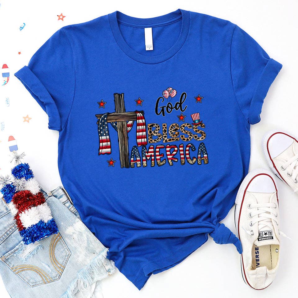 PLUS & REG SIZE PATRIOTIC "God Bless America" & CROSS T-SHIRT | Blue or Red | Charlotte's Classy Closet