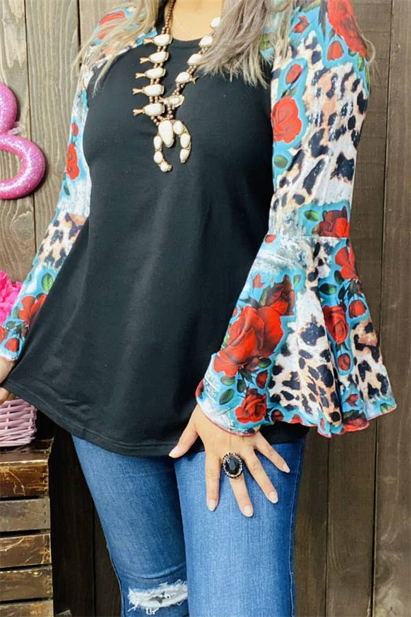 MULTI COLOR RAGLAN LONG BELL SLEEVE BLACK WOMEN'S TOP | Large Only