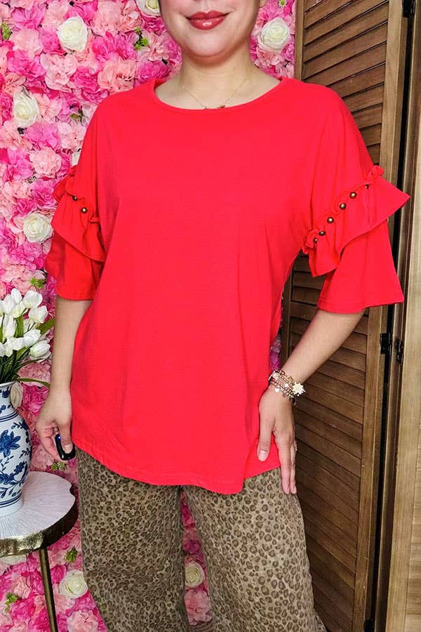 Southern Stitch Coral Red Studded Double Ruffle Elbow Length Sleeve | Large & XL Only