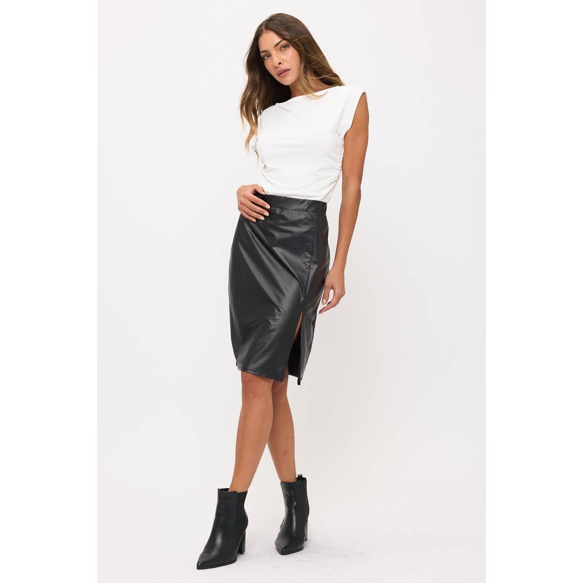 FAUX LEATHER ELASTIC WAIST SLIT SIDE PENCIL SKIRT