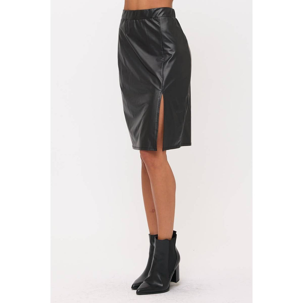 FAUX LEATHER ELASTIC WAIST SLIT SIDE PENCIL SKIRT