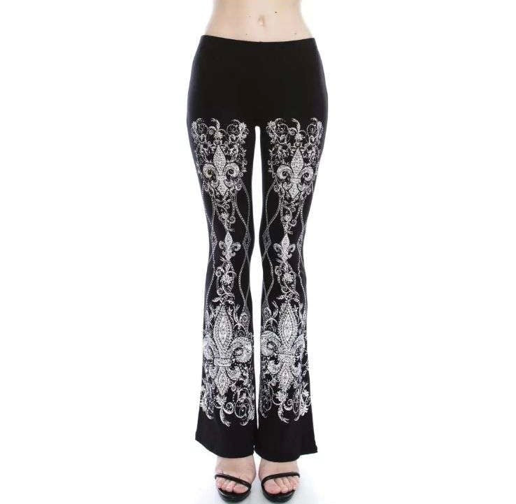 Black Knit Flare Pants Covered in Gorgeous Rhinestones Fleur De Lis Pattern - Sizes Small to XL - photo 1