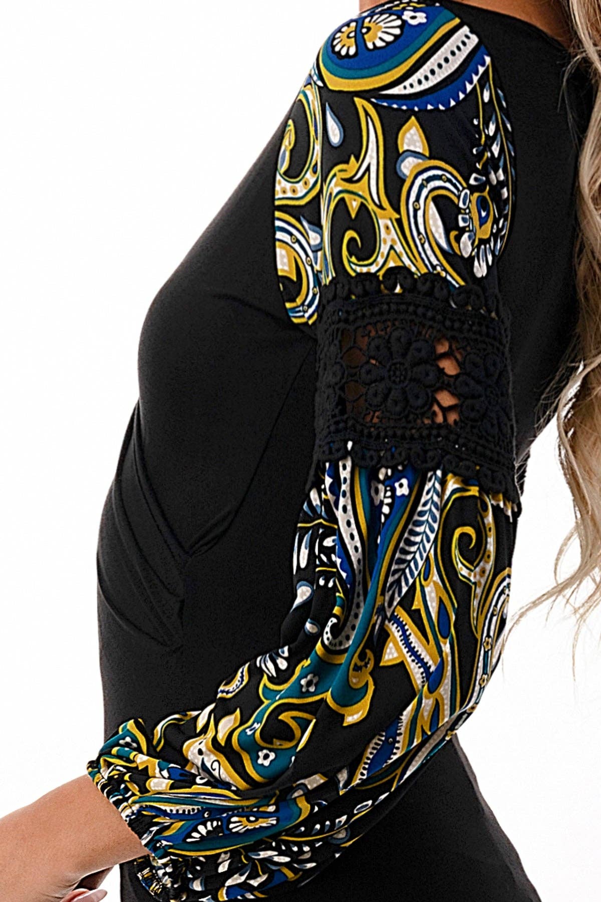 BLACK WRAP PREMIUM QUALITY V-NECK DRAMATIC MULTICOLOR DETAILED SLEEVES WOMEN'S TOP | Charlotte's Classy Closet