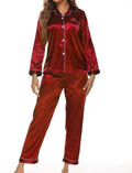 Silky Long Sleeve 2 Piece Pajama Button Up Top & Matching Silky Pants in Wine Red or Black, Sizes Small - 2X | Charlotte's Classy Closet