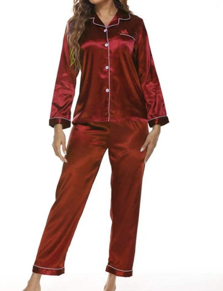 Silky Long Sleeve 2 Piece Pajama Button Up Top & Matching Silky Pants in Wine Red or Black, Sizes Small - 2X | Charlotte's Classy Closet