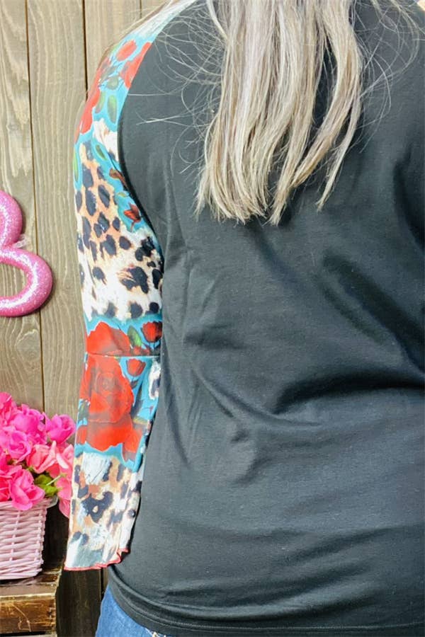 MULTI COLOR RAGLAN LONG BELL SLEEVE BLACK WOMEN'S TOP | Large Only