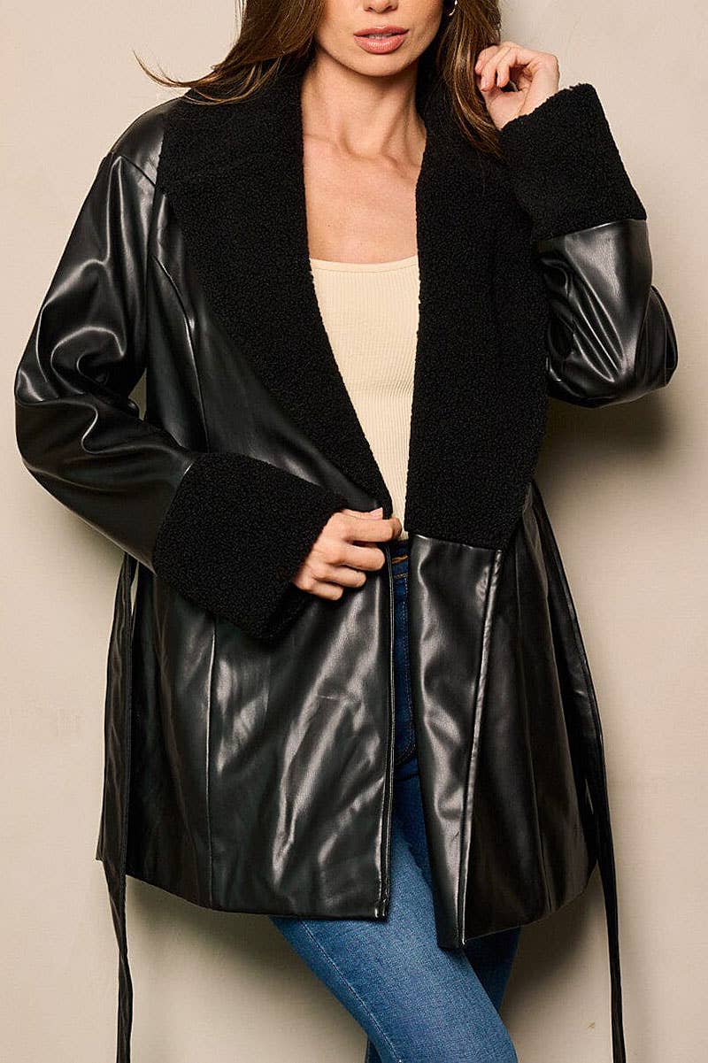 BLACK SHERPA COLLAR & SLEEVE TRIM FAUX LEATHER LONG SLEEVE SELF TIE JACKET - photo 1
