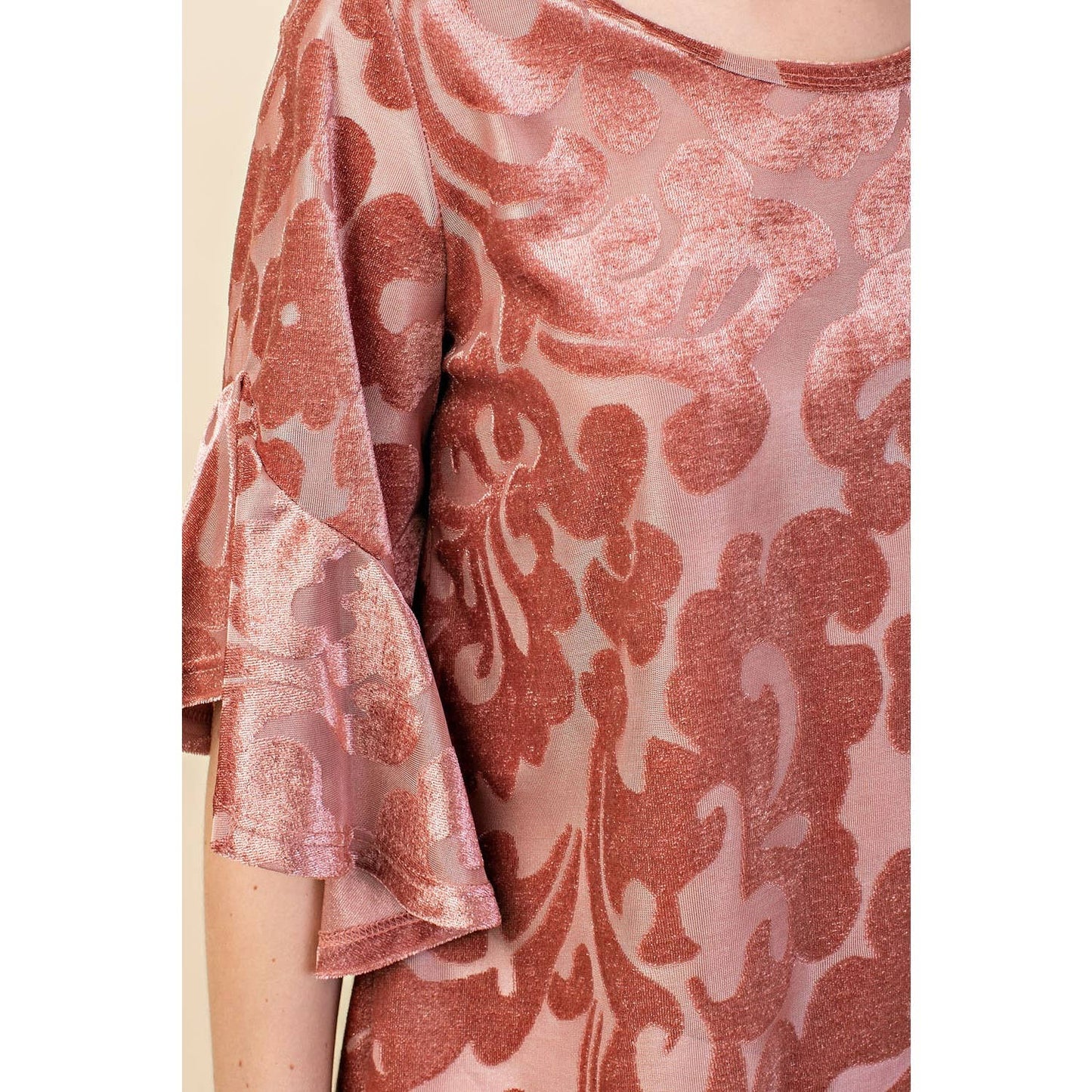 STUNNING PRINT 3/4 WATERFALL RUFFLE SLEEVE DRESSY TOP | Black or Mauve Color |  Charlotte’s Classy Closet