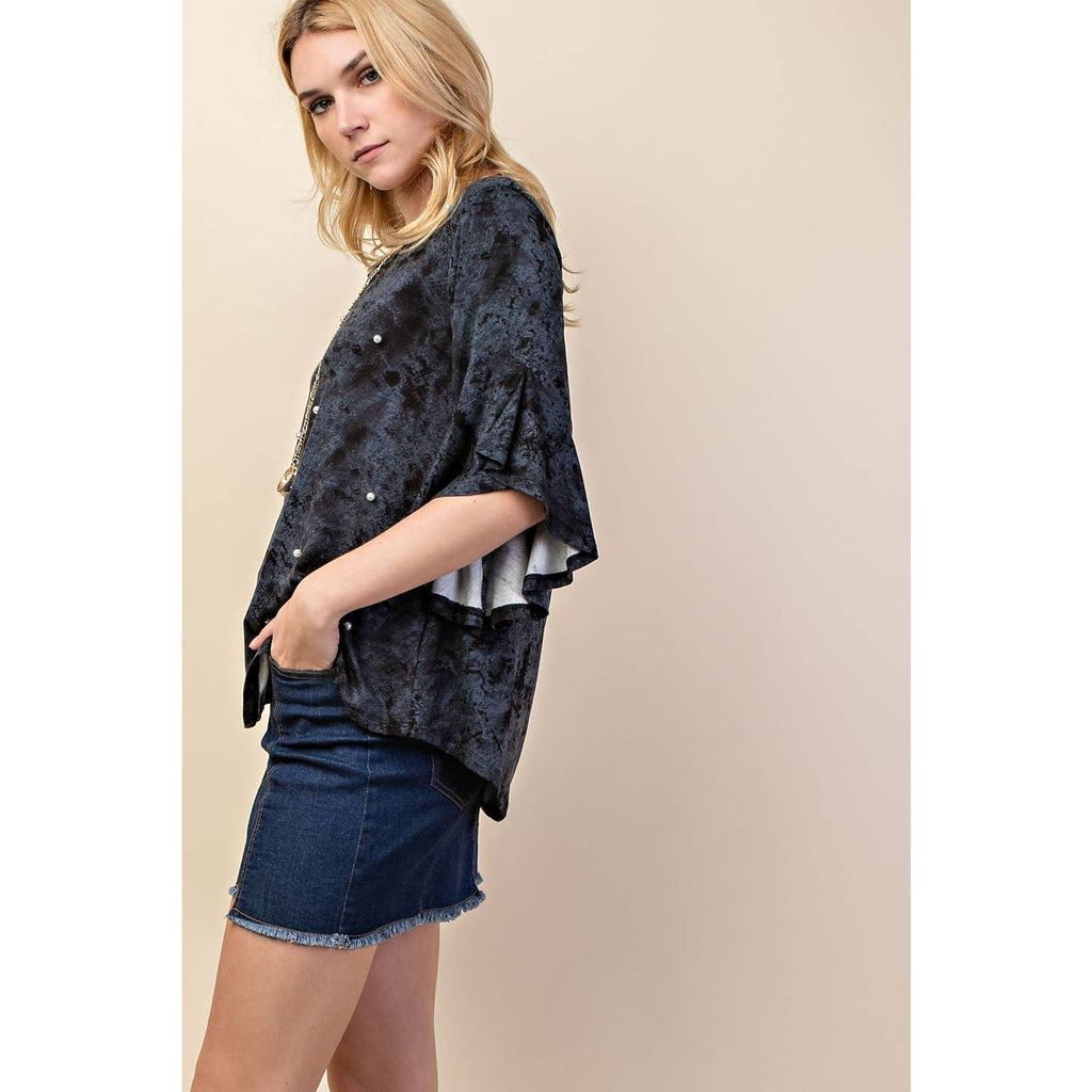 VOCAL BRAND WATERFALL RUFFLE 3/4 LENGTH SLEEVE JERSEY KNIT TOP ADORNED WITH PEARLS