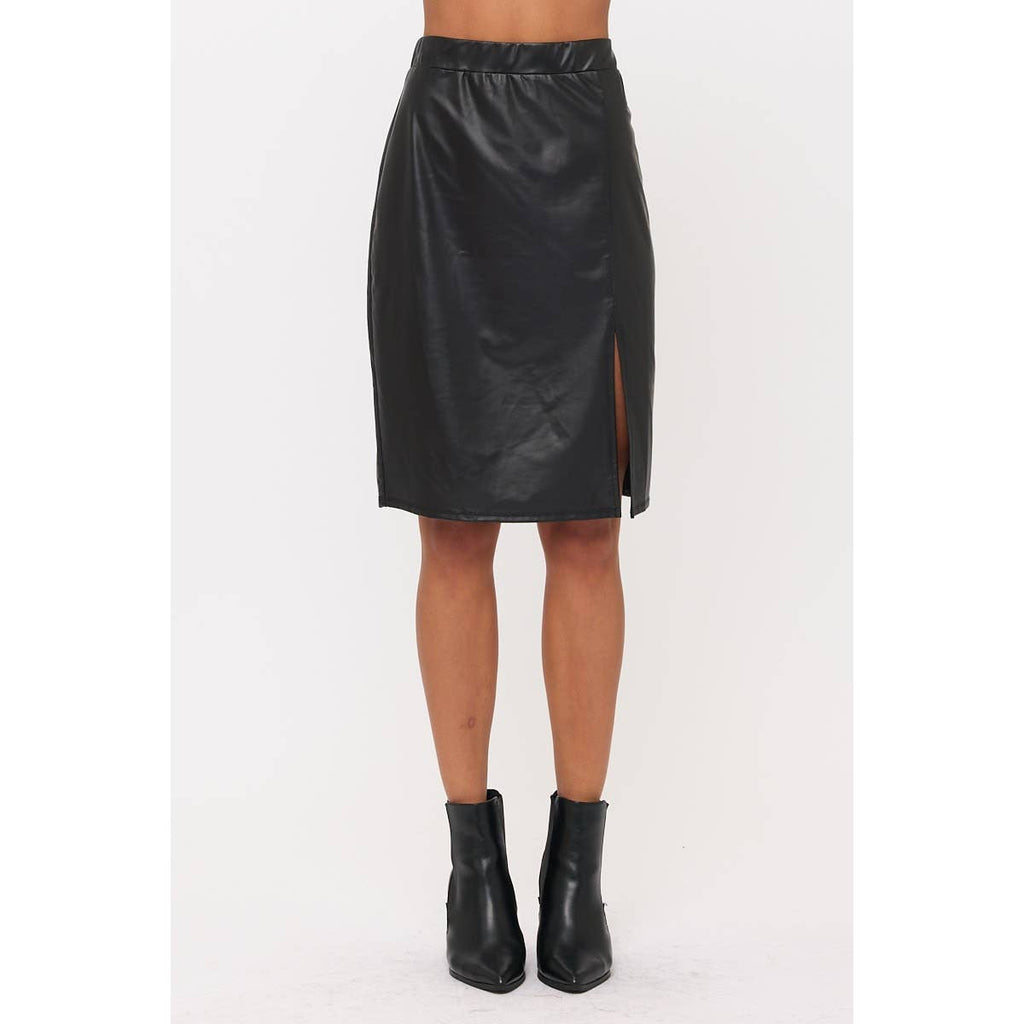 FAUX LEATHER ELASTIC WAIST SLIT SIDE PENCIL SKIRT