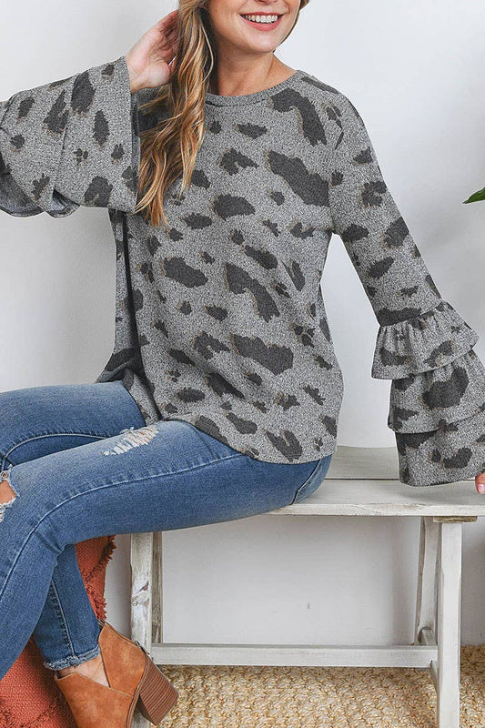 ANIMAL PRINT LIKE TOP WITH LAYERED RUFFLE LONG SLEEVES