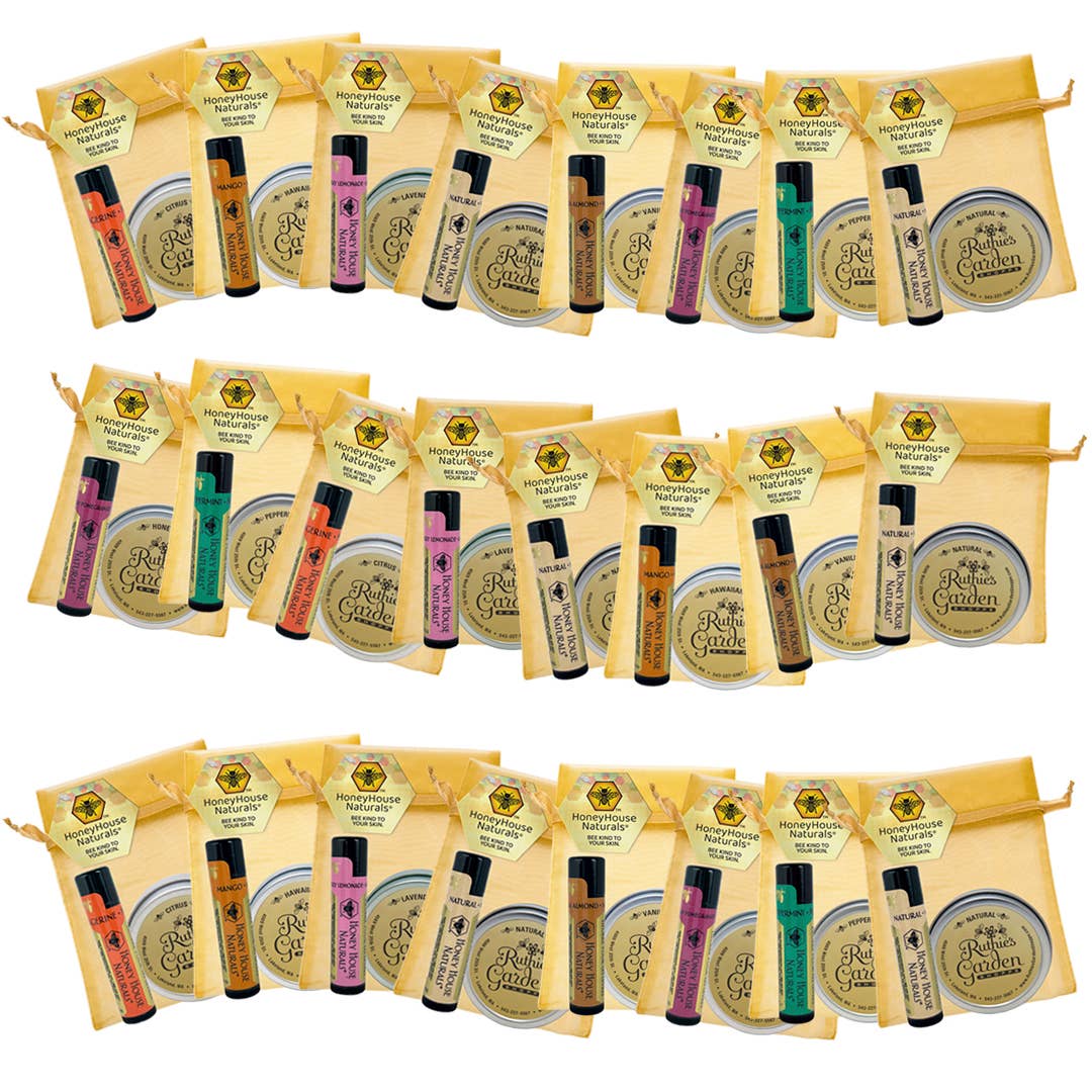 Honey House Naturals 2-Piece Gift Set - Honey Scented Lotion and Raspberry Pomegranate Lip Butter wrapped in a  Gorgeous Gold Organza Bag