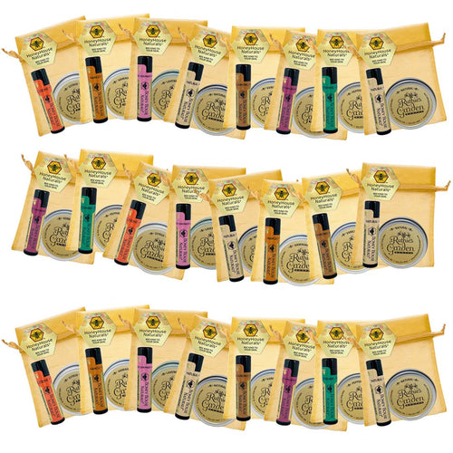 Honey House Naturals 2-Piece Gift Set - Honey Scented Lotion and Raspberry Pomegranate Lip Butter wrapped in a  Gorgeous Gold Organza Bag