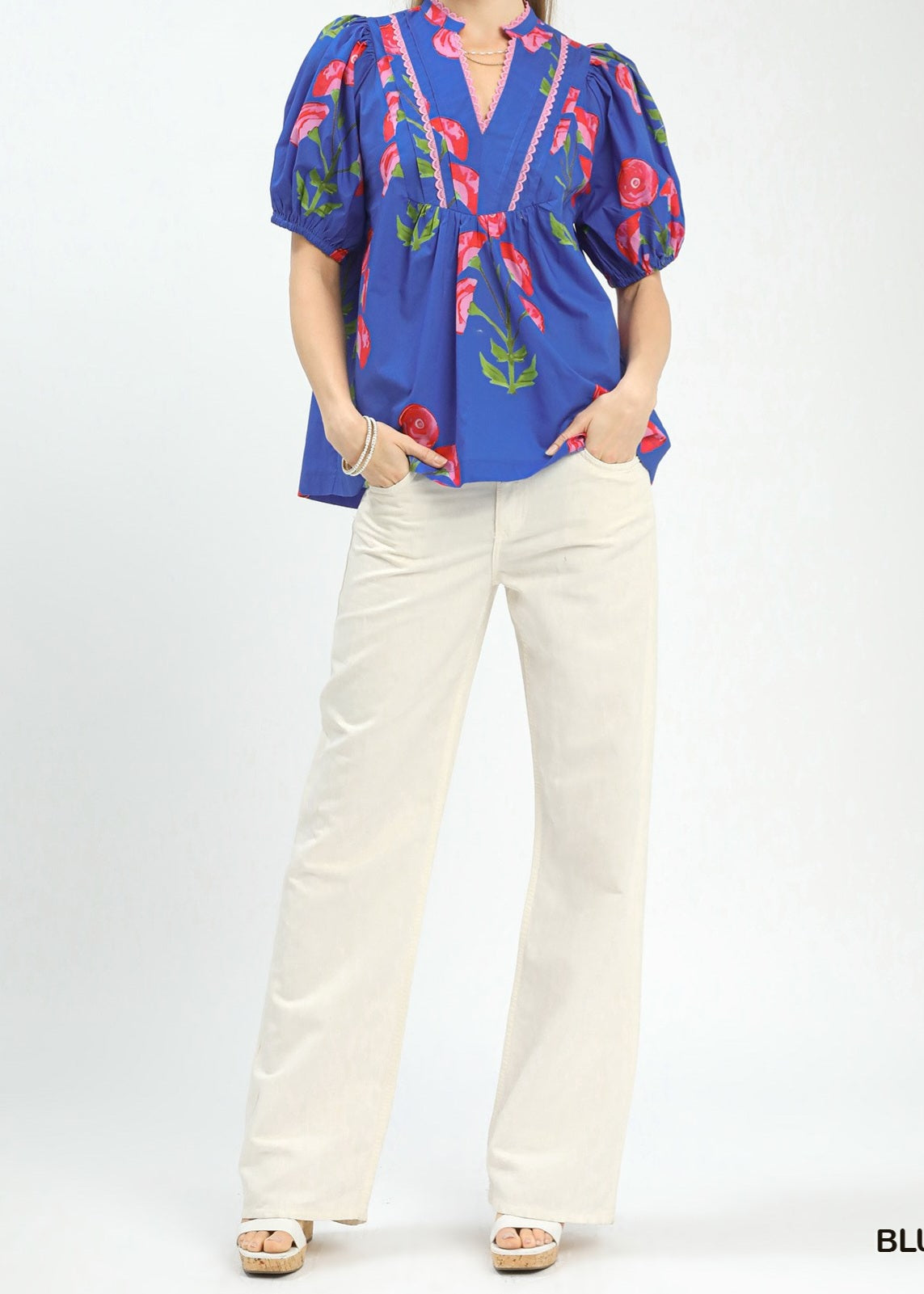 Umgee Blue V-Neck Pink Floral Puff Sleeve Top