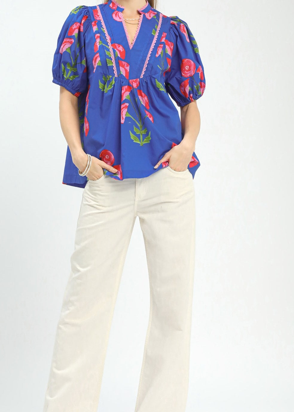 Umgee Blue V-Neck Pink Floral Puff Sleeve Top